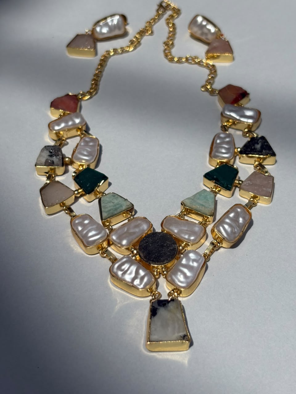 Multicolor Stone & Pearl Statement Necklace Set with Matching Earrings for Women