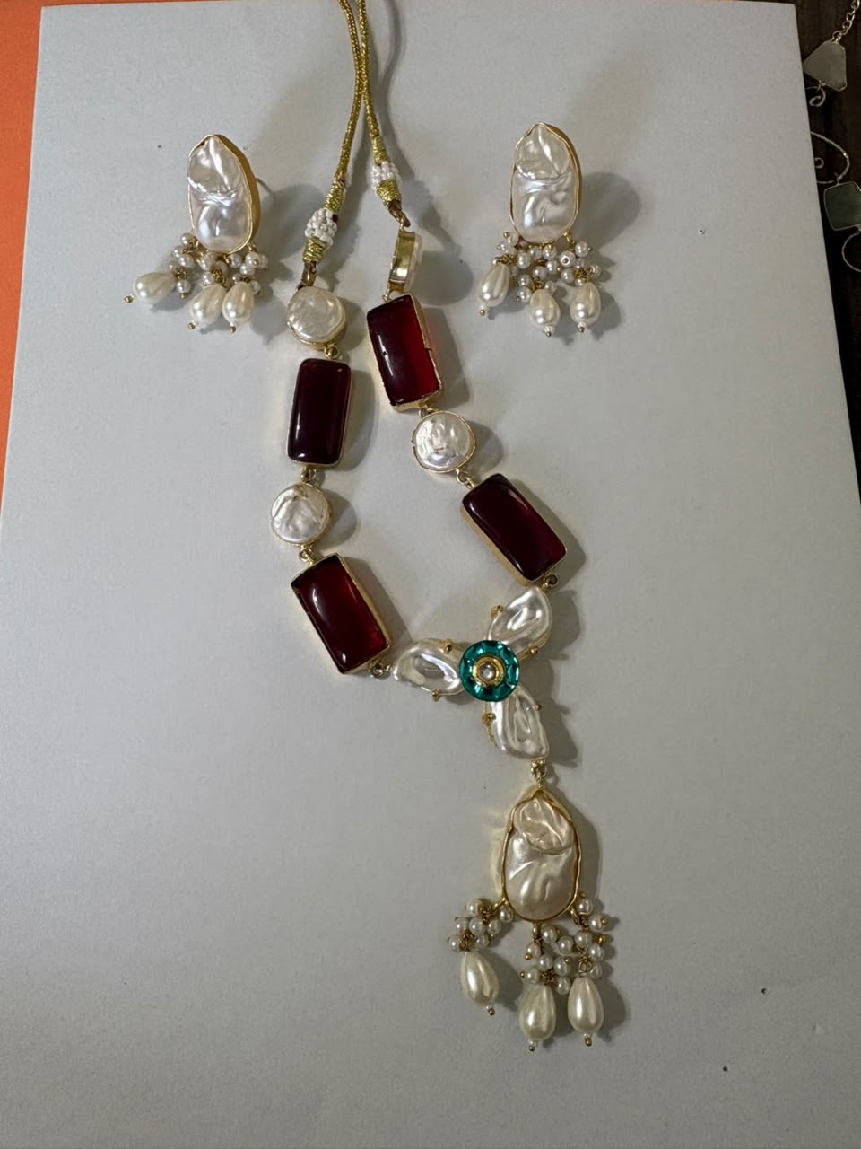 Ruby Stone & Pearl Necklace Set with Matching Earrings