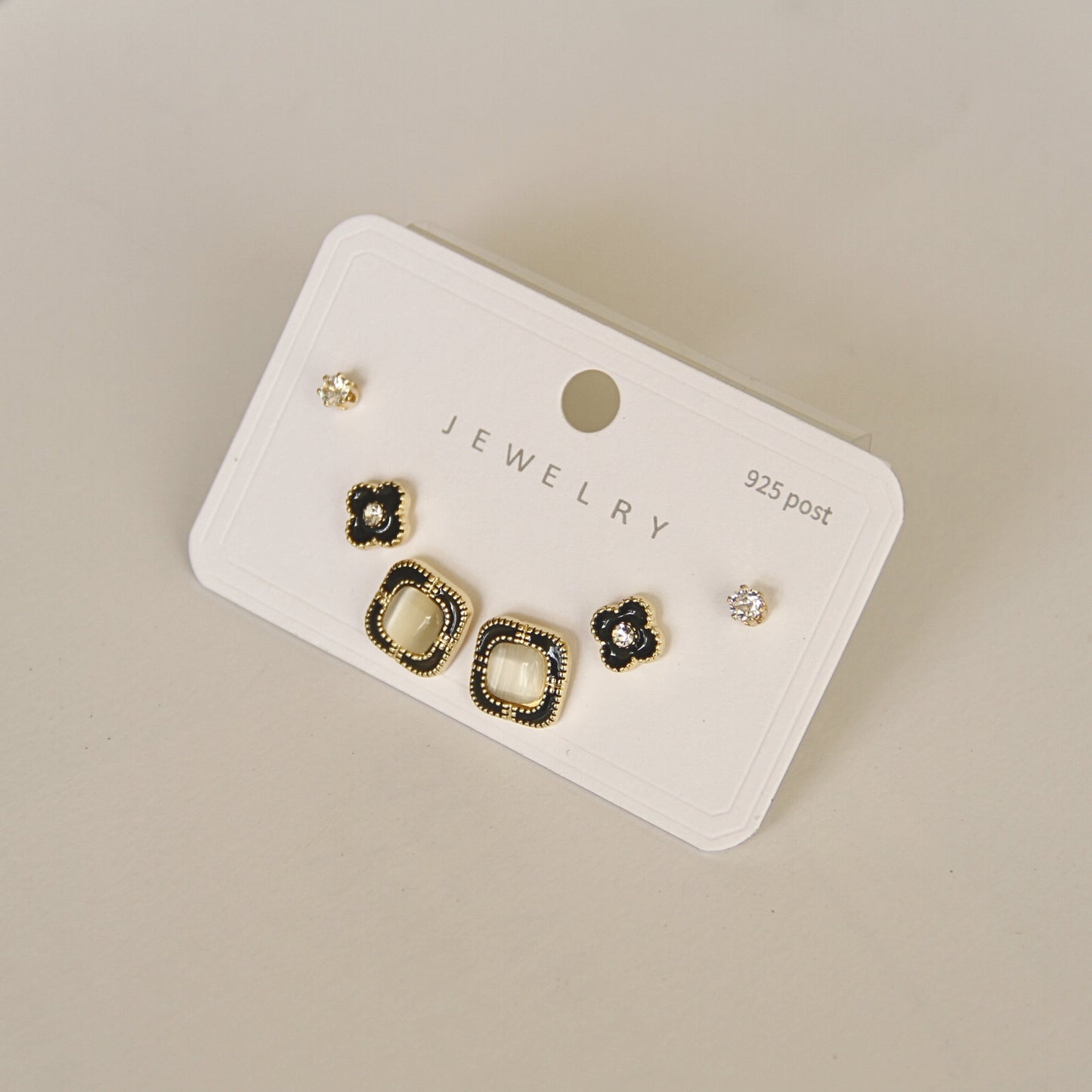 3-Pair Stud Earring Set with Crystal, Black Enamel Flower & Square Design (925 Post)