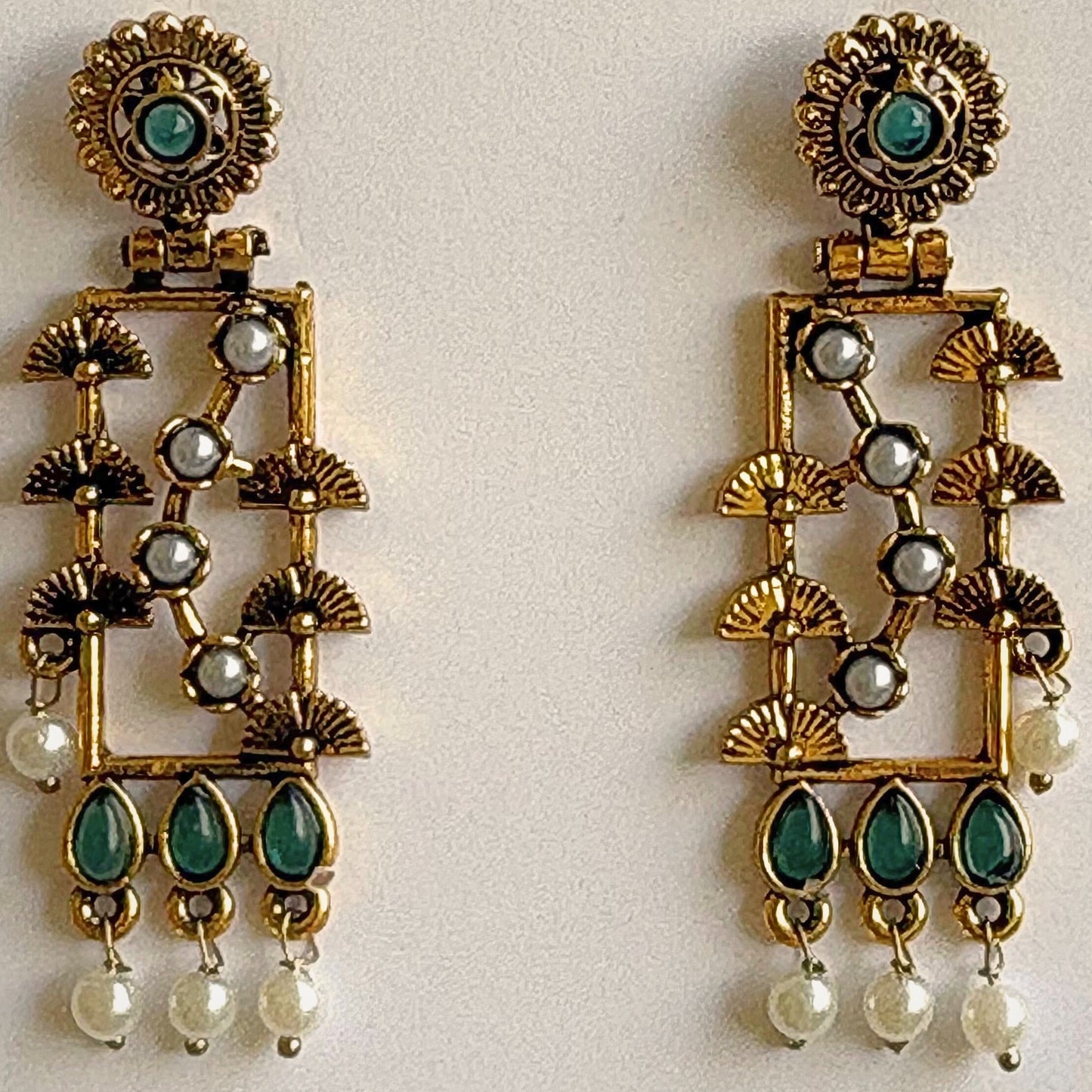 Rectangular Heritage Earrings with Teardrop Green Stones