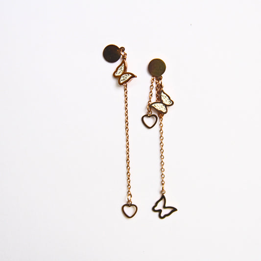 Dual Charm Long Butterfly & Heart Dangler Earrings