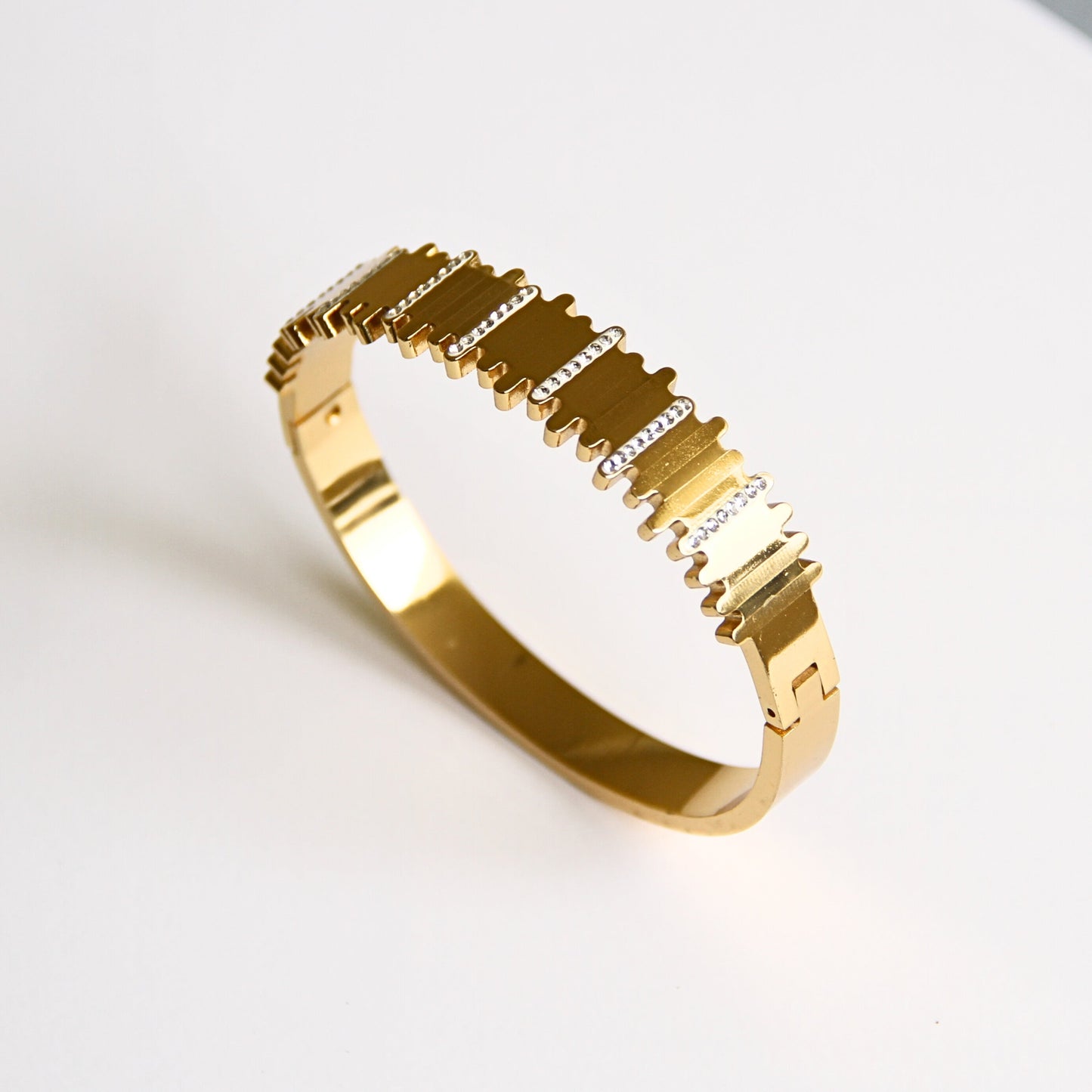 Textured Gold & Crystal Hinged Bangle like bracelet