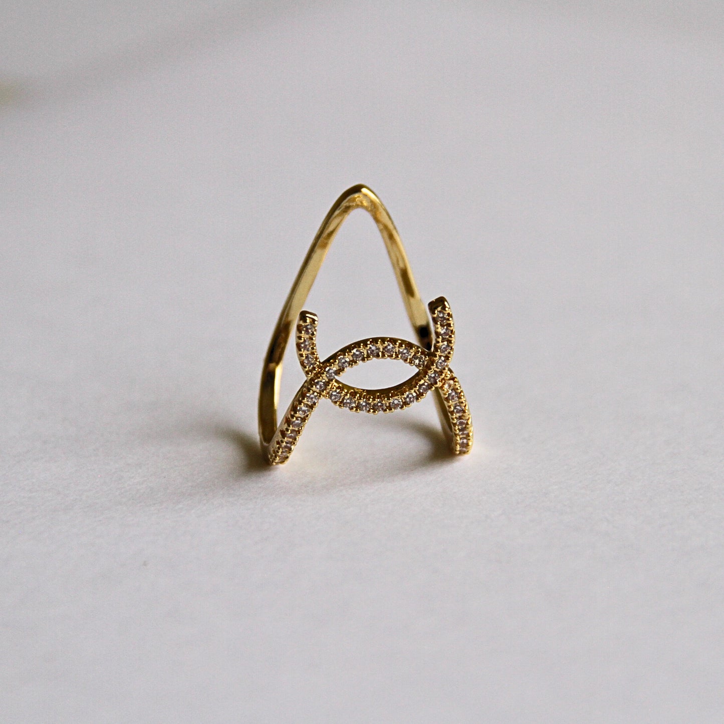 Sparkling Infinity Loop Crystal Cross Gold Ring
