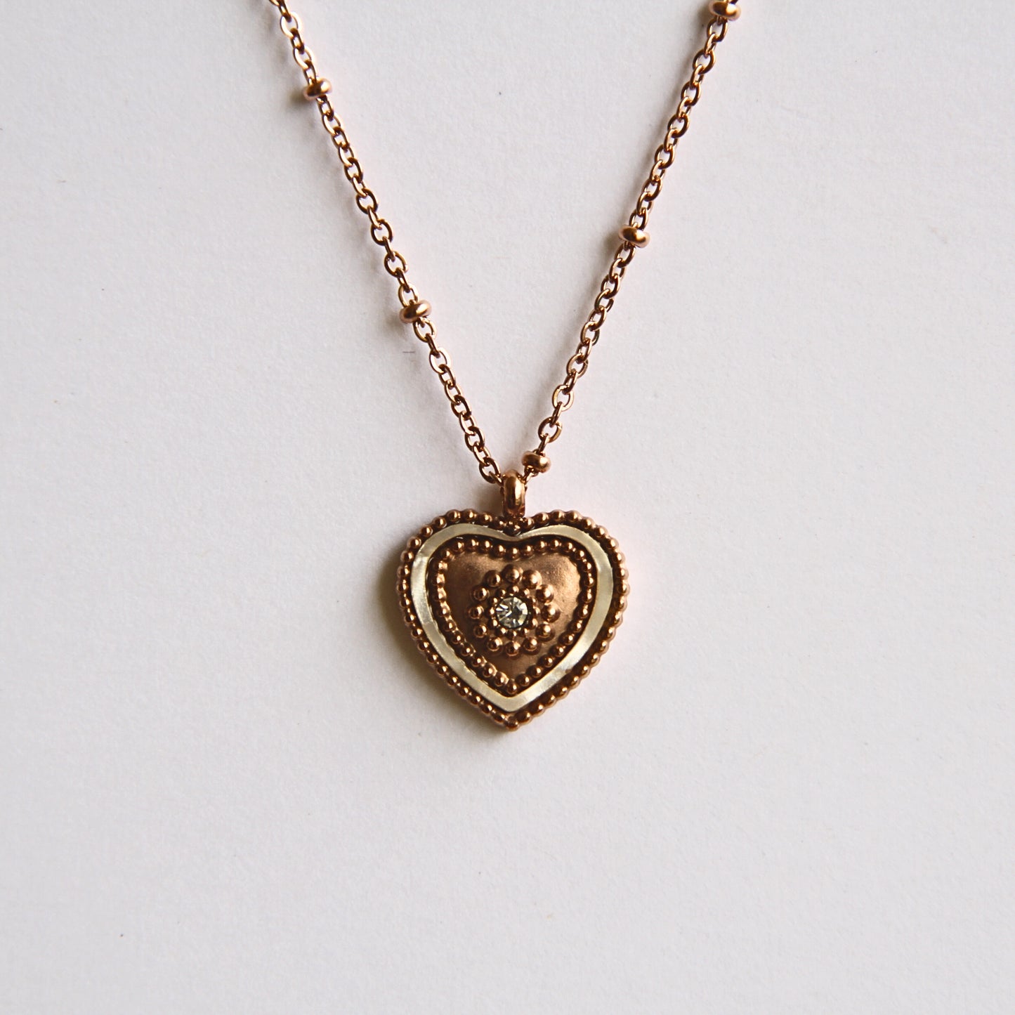 Vintage-Inspired Rose Gold Tone & Enamel Heart Charm Necklace