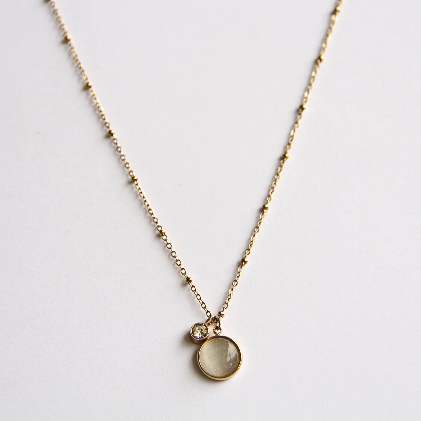 Minimalist Gold Tone Double Charm Necklace with Crystal & Gemstone