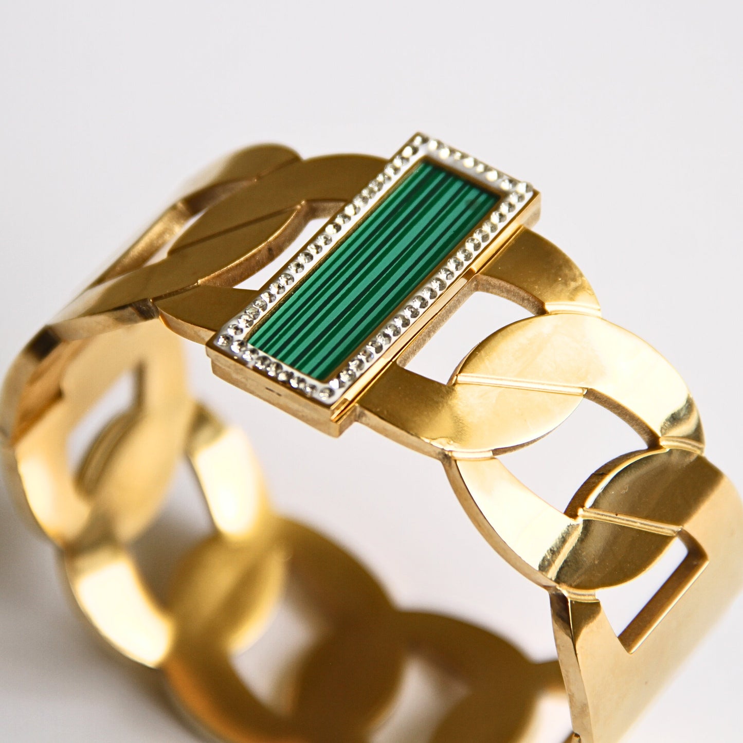 Wide Gold-Tone & Green Stone Statement Bangle