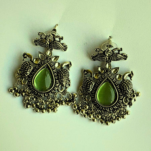 Dual green Peacock Oxidized Silver Earrings – NainNaksh Edit