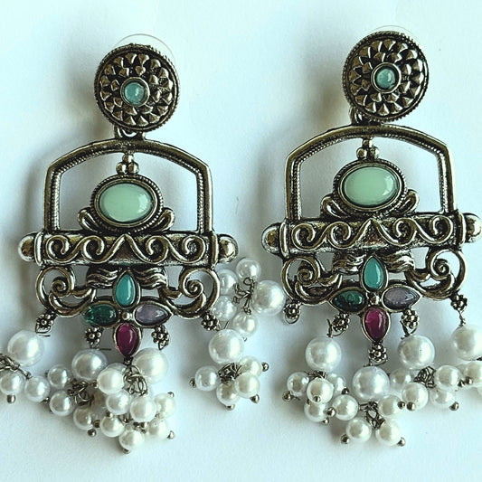 Oxidized Silver Earrings with Mint Green Stones & Pearls