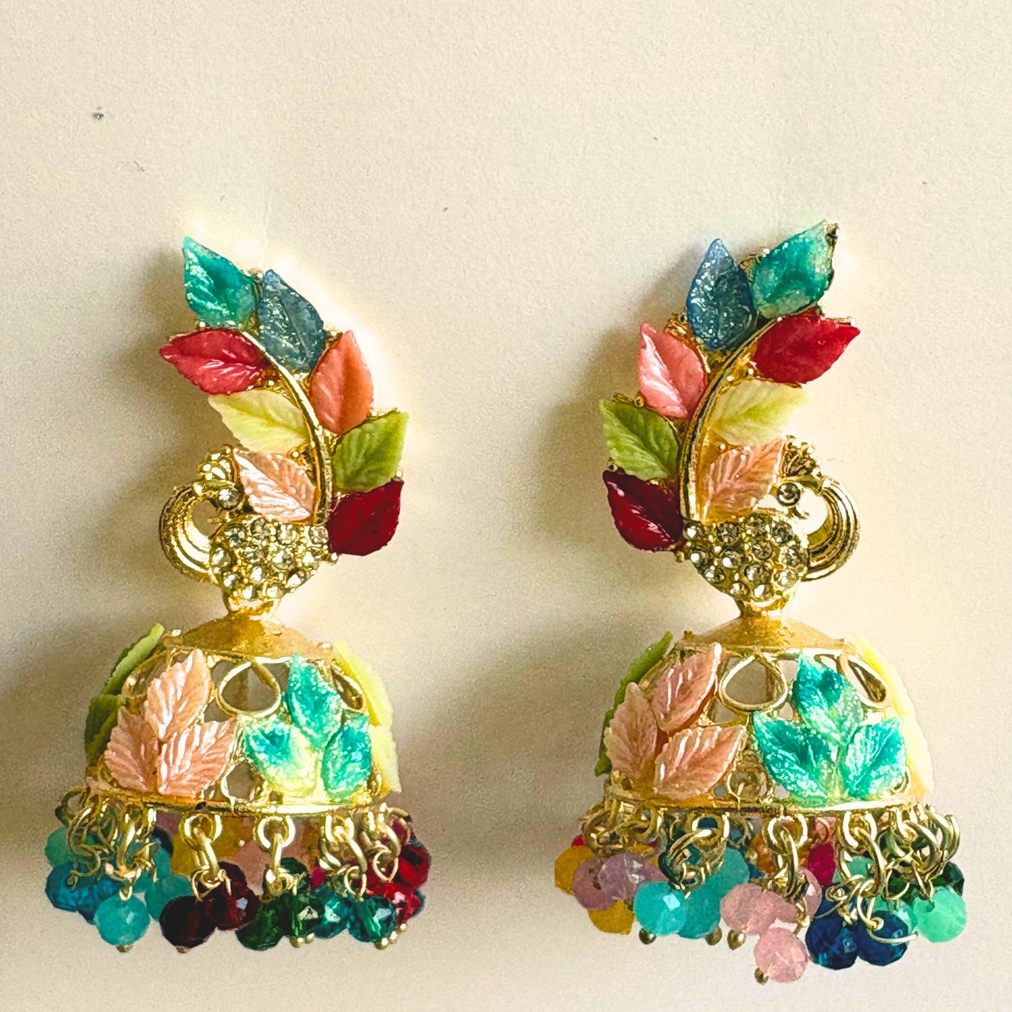 Multicolor Leaf Design Earrings with Beaded Drops