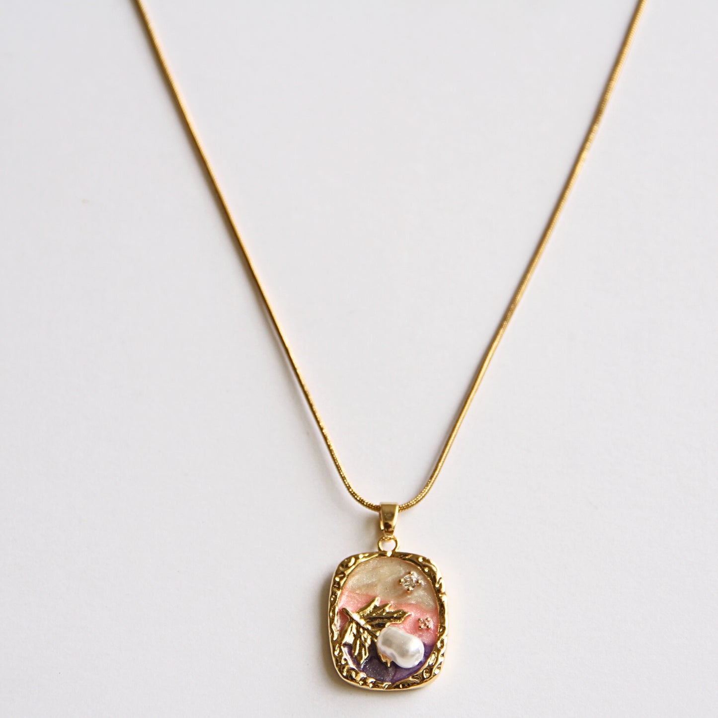 Gold Tone Botanical Resin Art Pendant Necklace with Pearl & Crystal