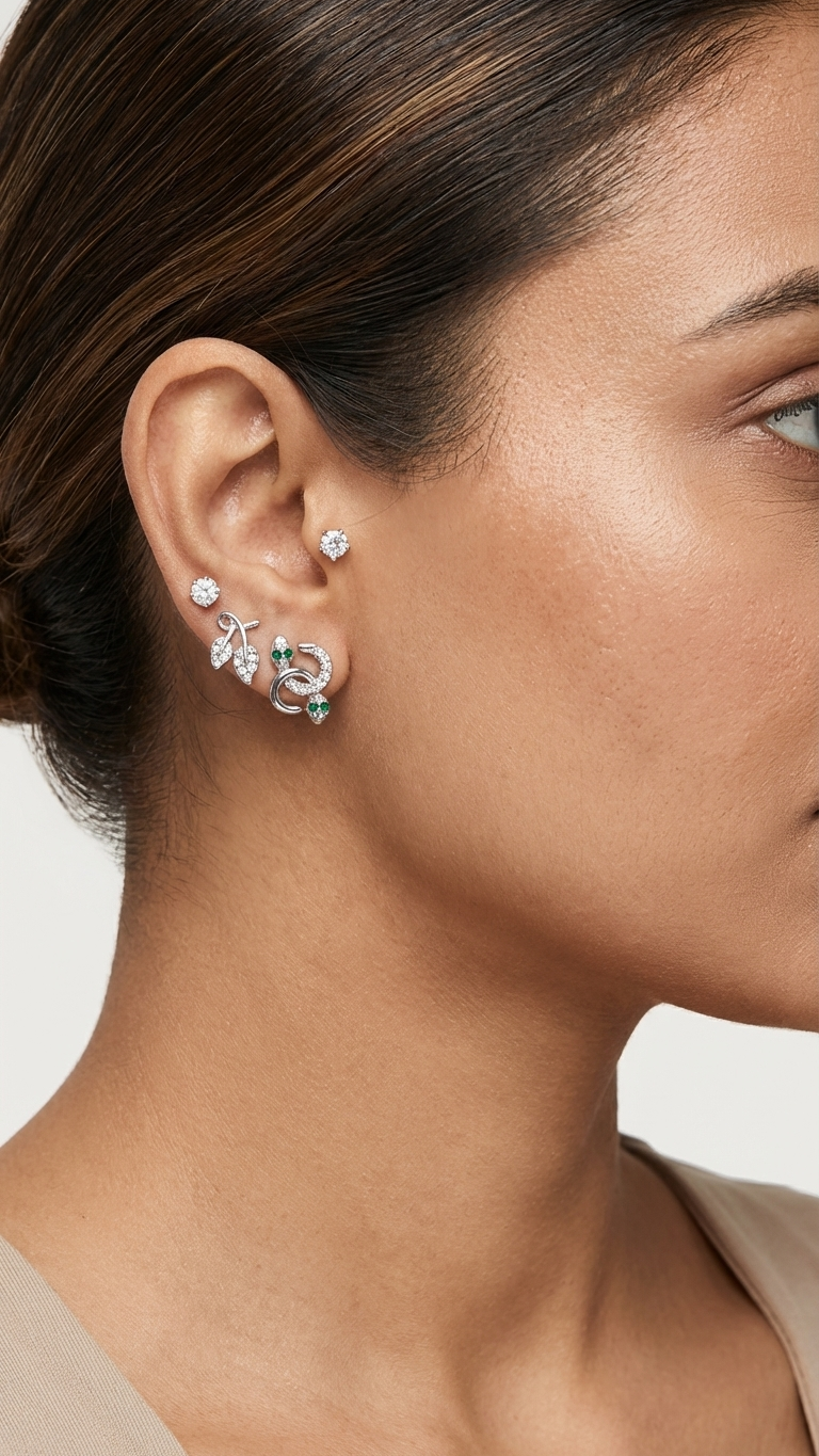 Emerald & Silver Botanical Earring Set – 3 Pairs of Anti-Tarnish Studs