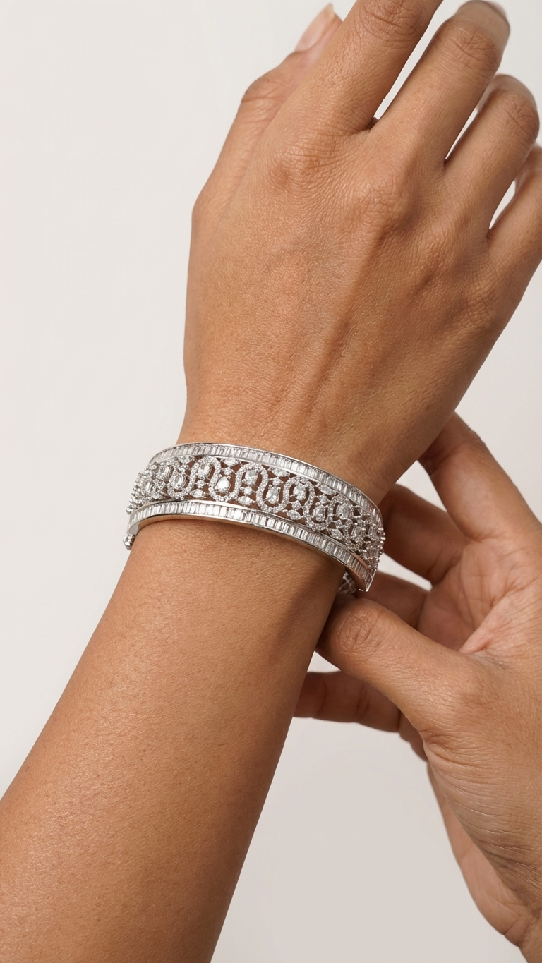 The "Shimmering Cascade" Handcrafted American Diamond Statement Kada