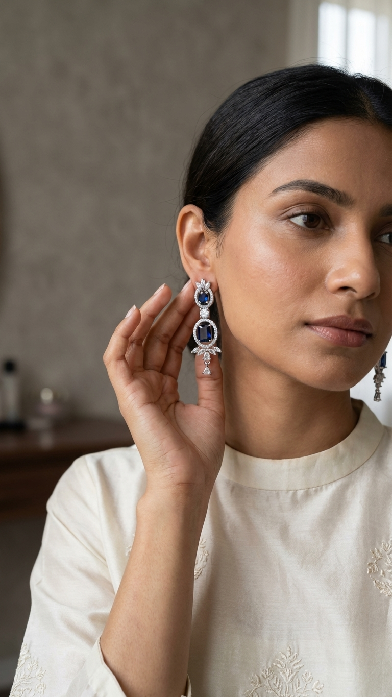 Navy Blue Stone Drop Earrings with American Diamond Halo