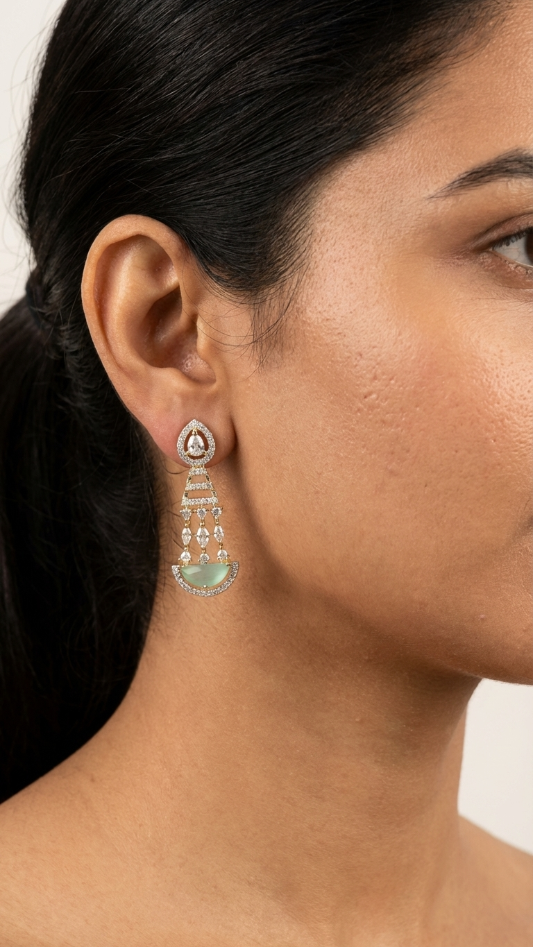 Mint Green Half-Moon AD Chandelier Earrings
