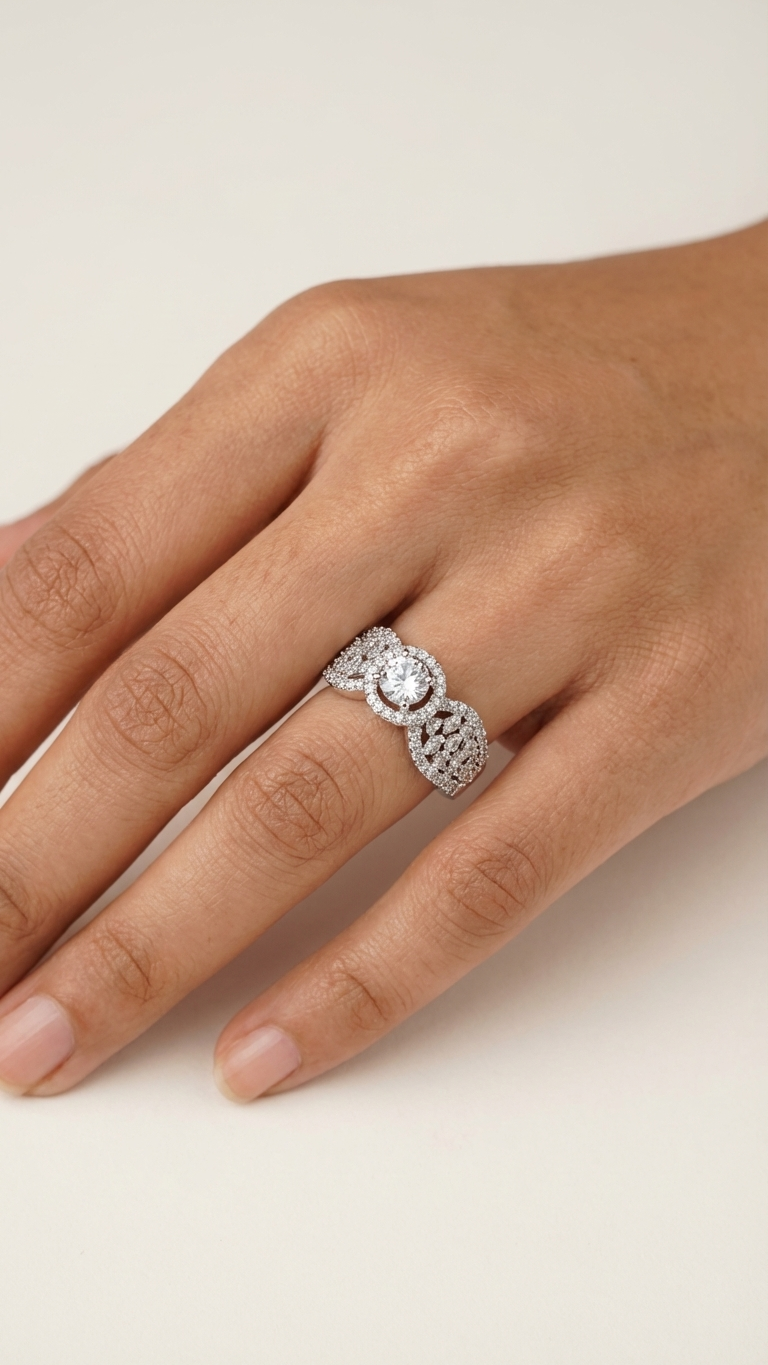 Sparkling Floral AD Adjustable Ring in Silver Finish