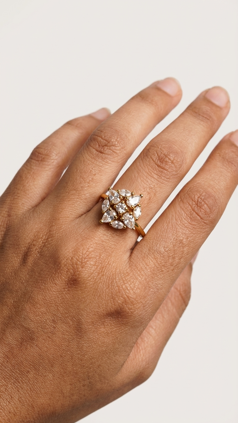 Dainty Sparkle Floral AD Adjustable Ring in Silver Finish