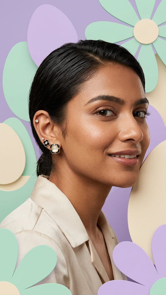 3-Pair Stud Earring Set with Crystal, Black Enamel Flower & Square Design (925 Post)