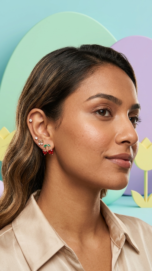 Cute Cherry & Bow Stud Earring Set (3 Pairs)
