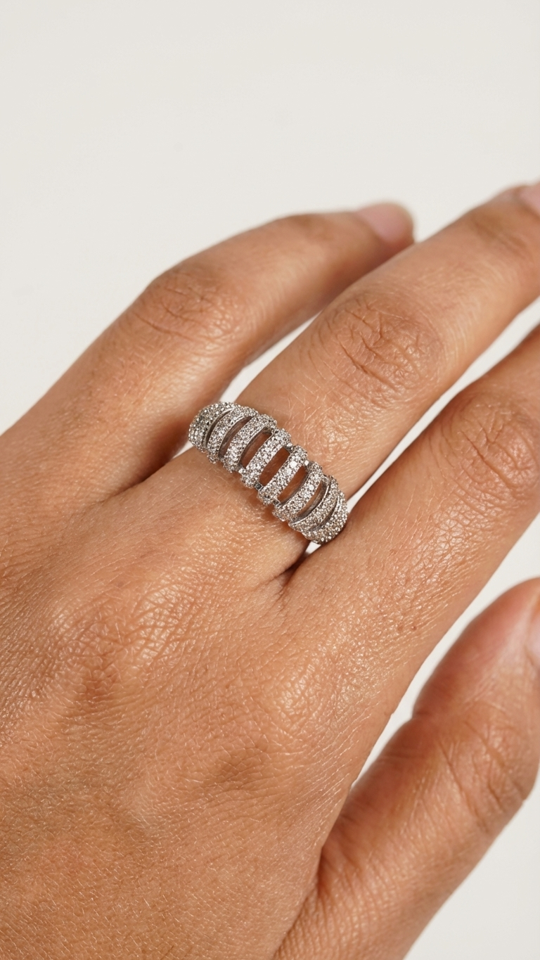 Silver Statement Ring with Diamond Cage Design