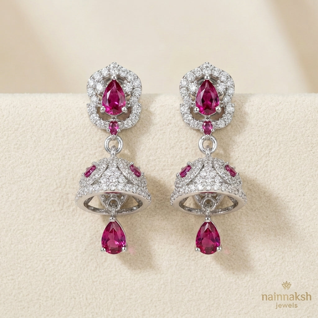 Ruby Pink Teardrop Jhumkas – Silver-Plated American Diamond Ethnic Earrings