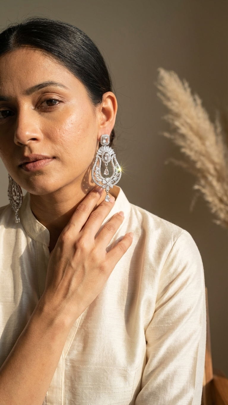 Marquise Cut Floral AD Earrings – Premium Silver Polish