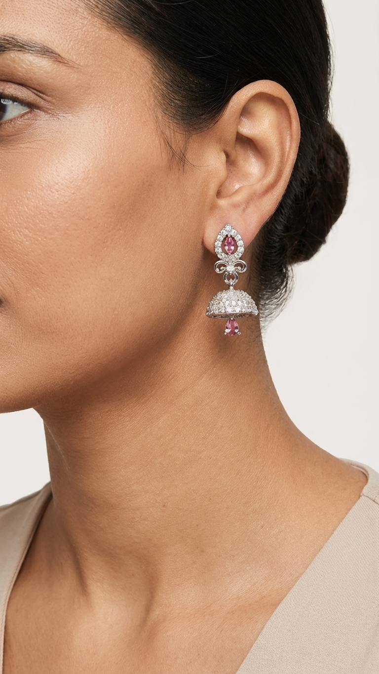 Silver Drop AD Jhumka Earrings – Silver Finish Minimal Dome Earrings