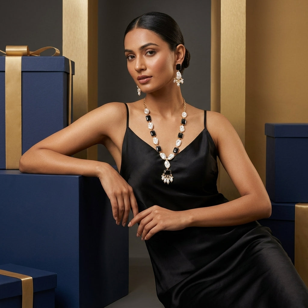 Black Stone & Pearl Necklace Set with Matching Earrings for Women