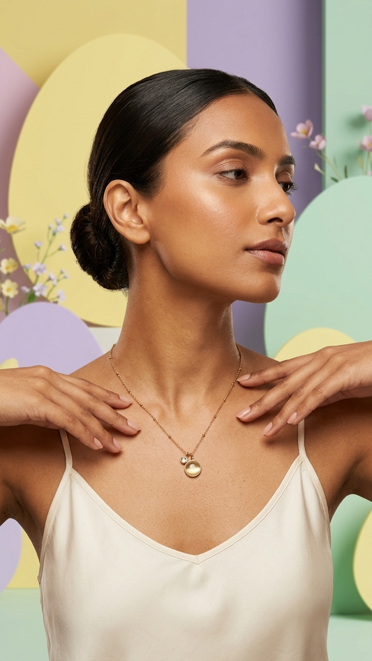 Minimalist Gold Tone Double Charm Necklace with Crystal & Gemstone