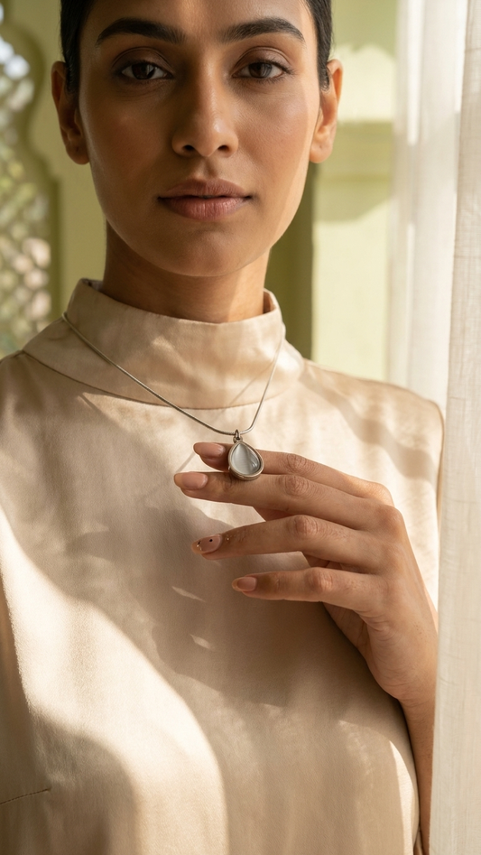 Minimalist Silver Tone Necklace with Iridescent Teardrop Pendant