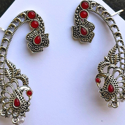 Antique Silver Oxidized Crescent Earcuff Earring with Red Stones