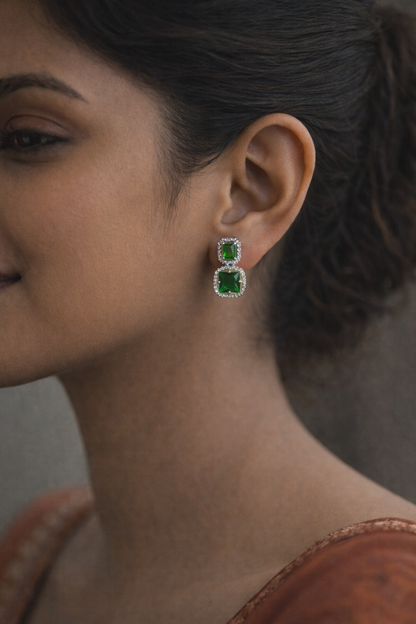 Emerald Green Square AD Earrings – Double Halo Silver Finish Dangles