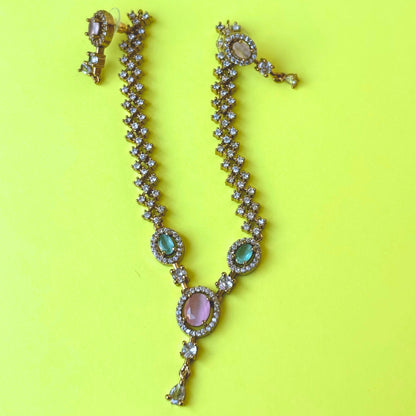 Pastel Harmony Multi-Stone AD Necklace Set - Antique Gold Polish