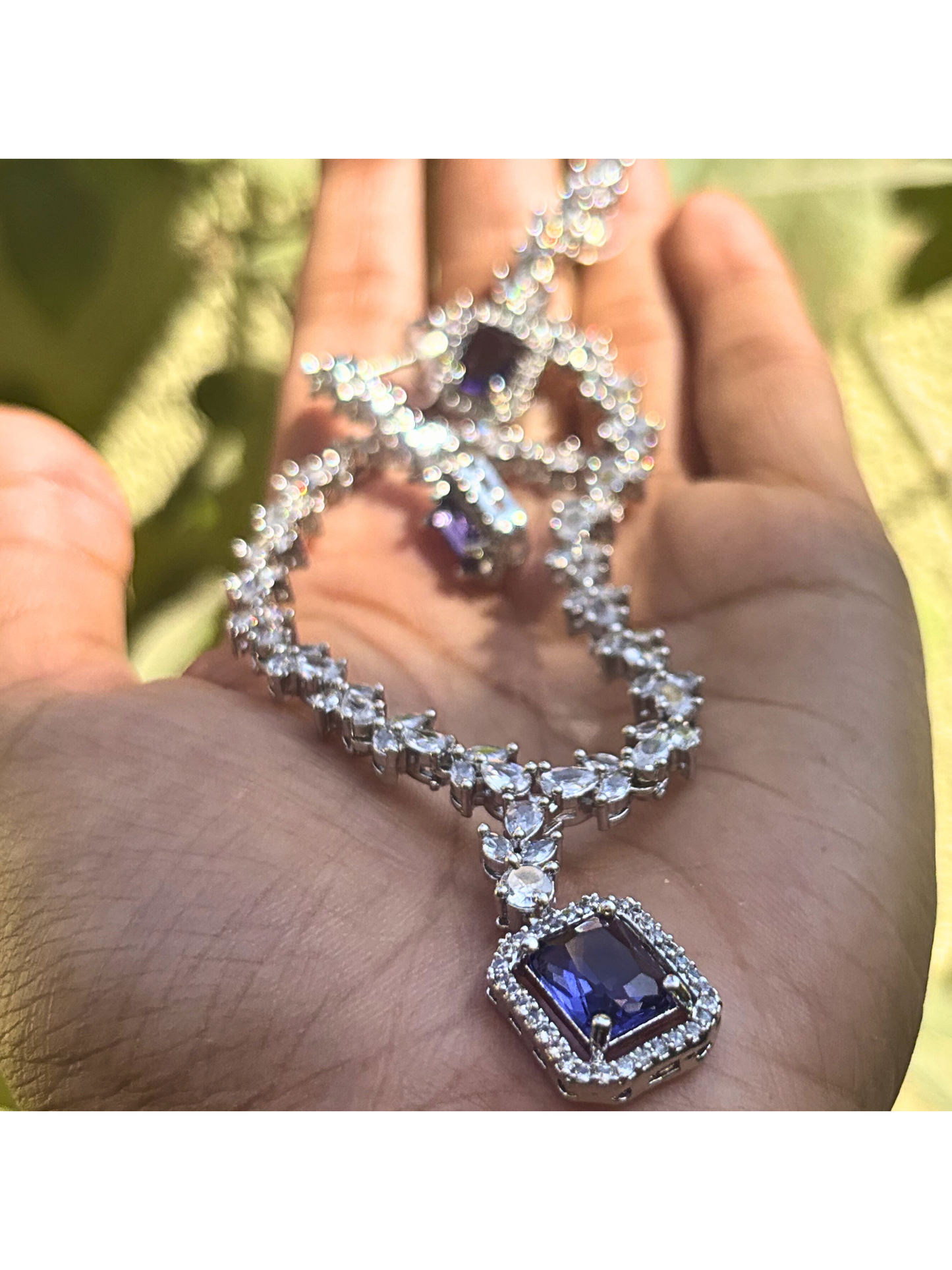 Enchanted Amethyst Square-Cut AD Necklace Set - Premium silver finish