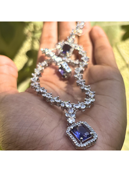 Enchanted Amethyst Square-Cut AD Necklace Set - Premium silver finish