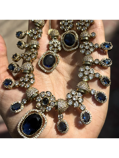 Royal Azure Globe AD Necklace Set - Antique Gold & Sapphire Blue Finish