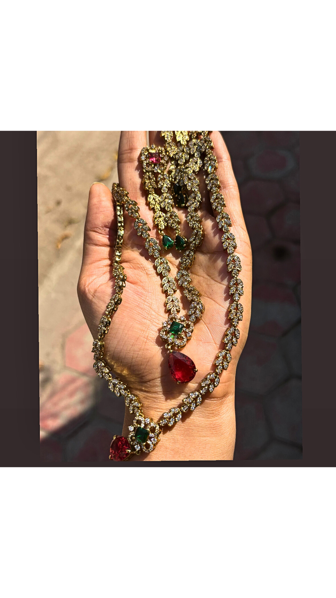 Magnolia Leaf Double-Layered AD Necklace Set - Antique Gold Finish