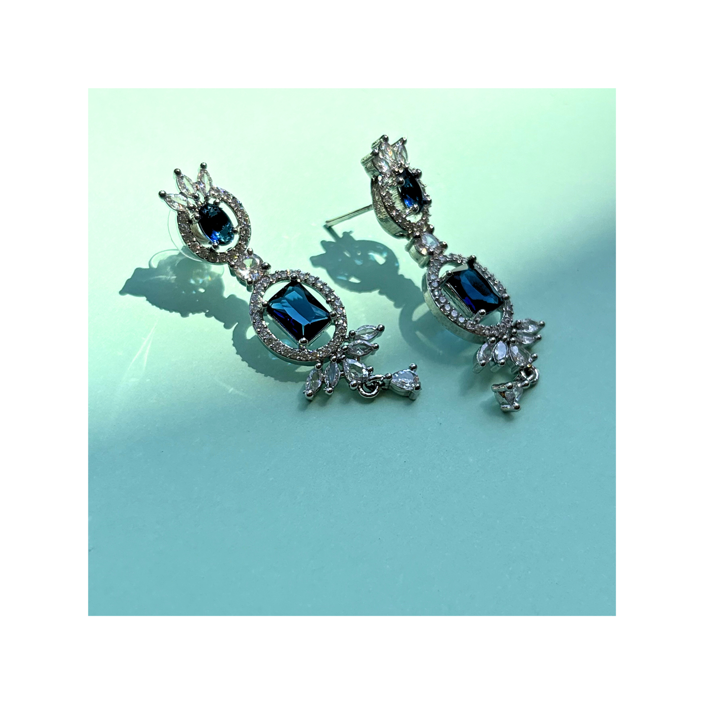 Navy Blue Stone Drop Earrings with American Diamond Halo