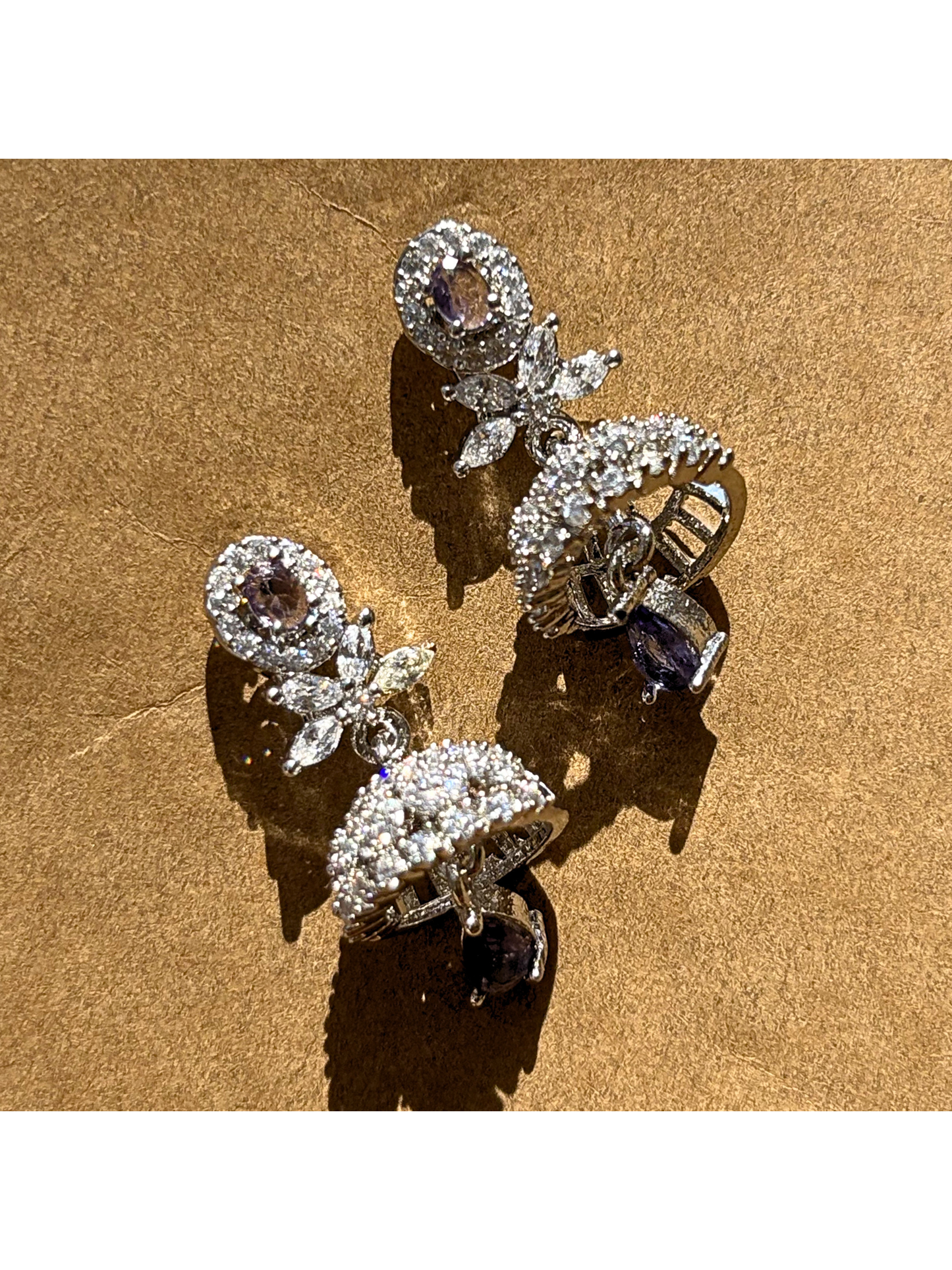 Amethyst Purple Sunburst AD Earrings – Silver Finish Teardrop Dangles