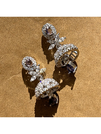 Amethyst Purple Sunburst AD Earrings – Silver Finish Teardrop Dangles