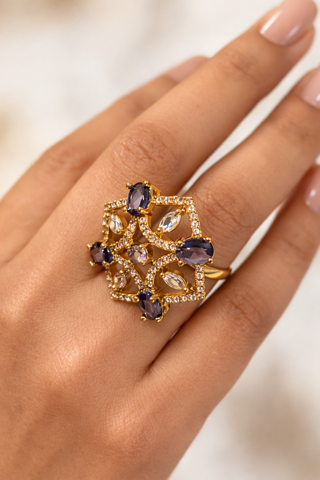 Royal Emerald-lavender Floral AD Adjustable Ring