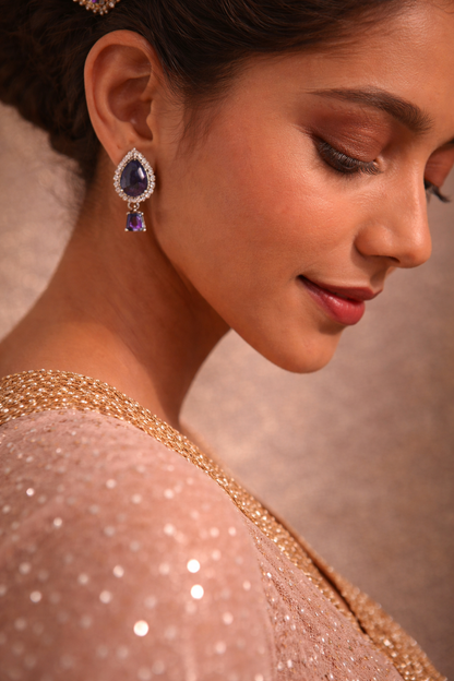Royal Purple Teardrop Drops – Silver-Toned American Diamond Halo Earrings