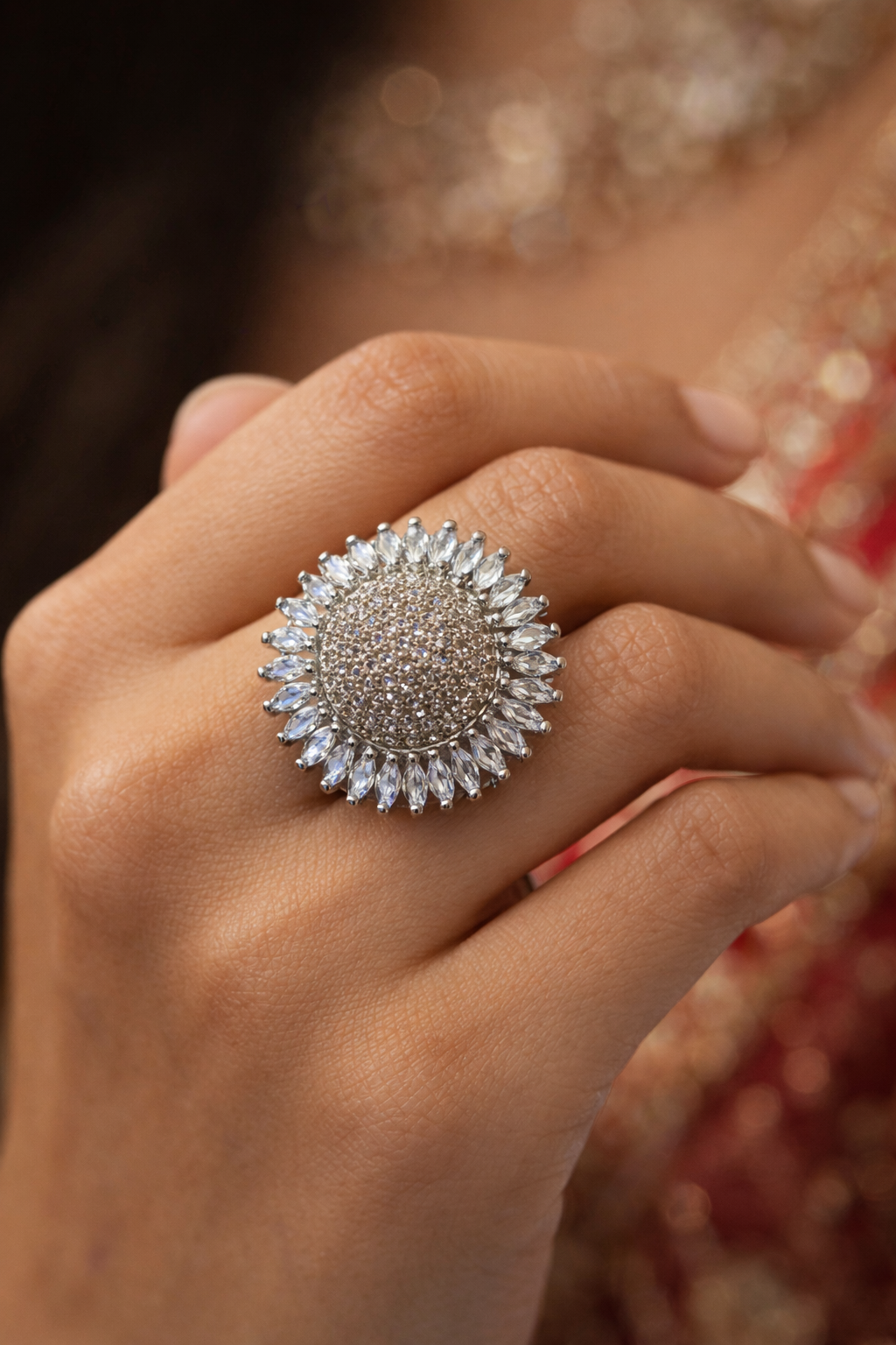 Silver clear-Plated Marquise Floral AD Adjustable Ring