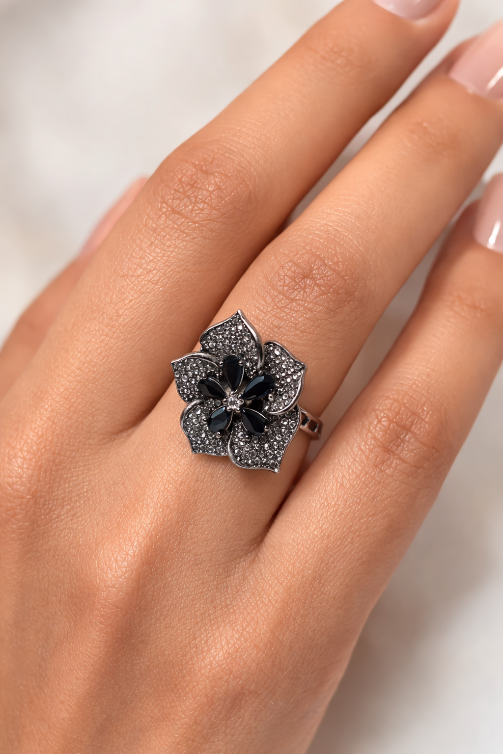 Elegant Black Floral AD Adjustable Ring in Silver Finish