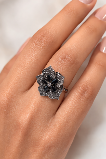 Elegant Black Floral AD Adjustable Ring in Silver Finish