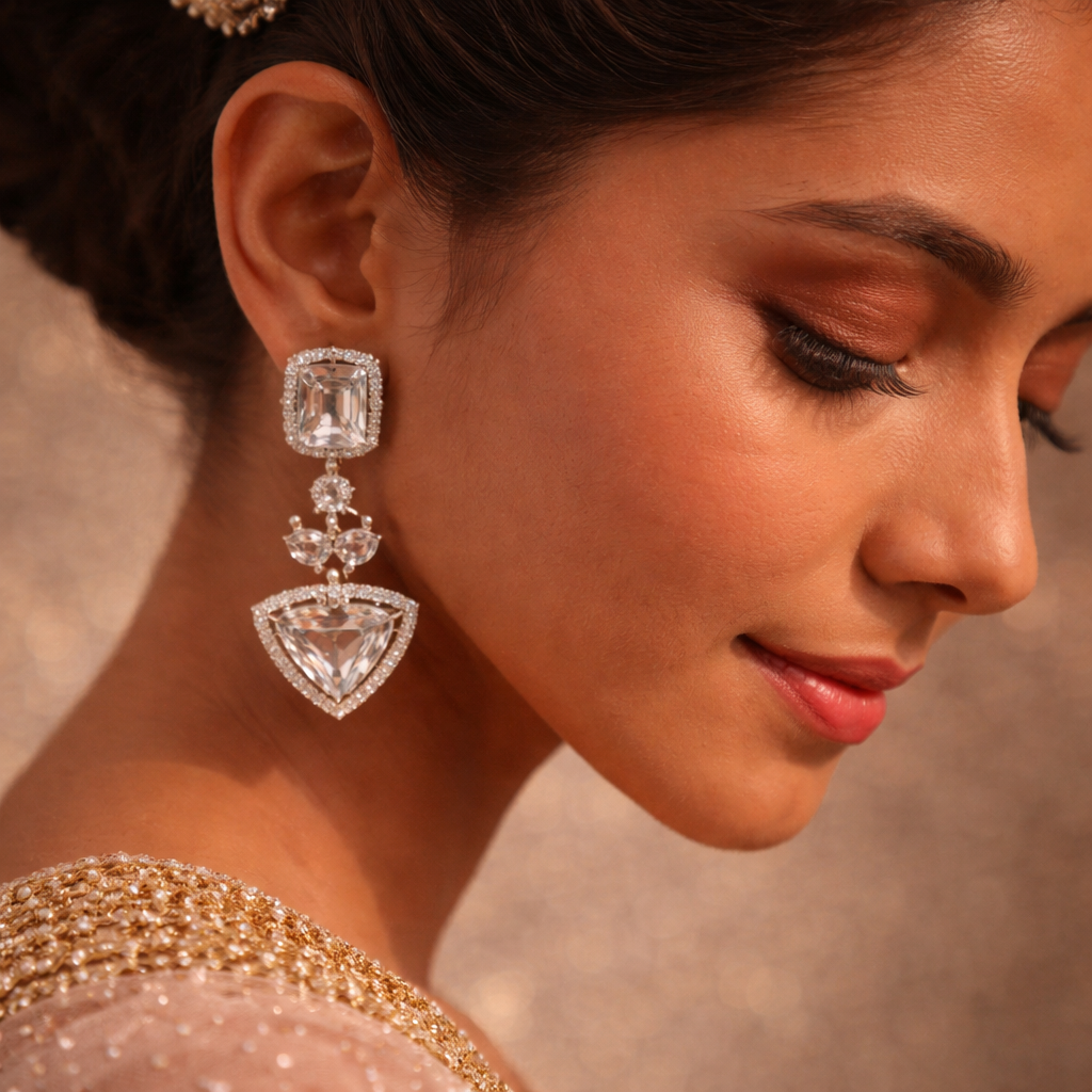 Crystal Cascading Drops – Geometric Silver-Toned American Diamond Statement Earrings