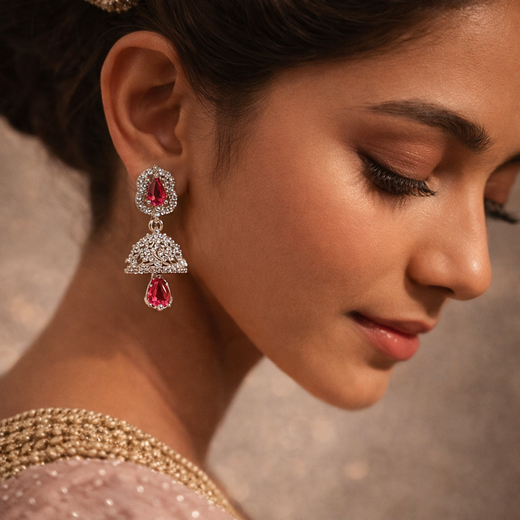Ruby Pink Teardrop Jhumkas – Silver-Plated American Diamond Ethnic Earrings