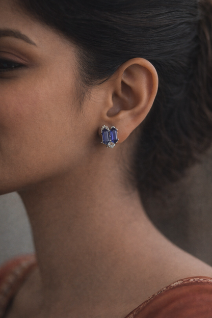 Emerald Green Architectural Studs - AD & Silver-Toned Statement Earrings