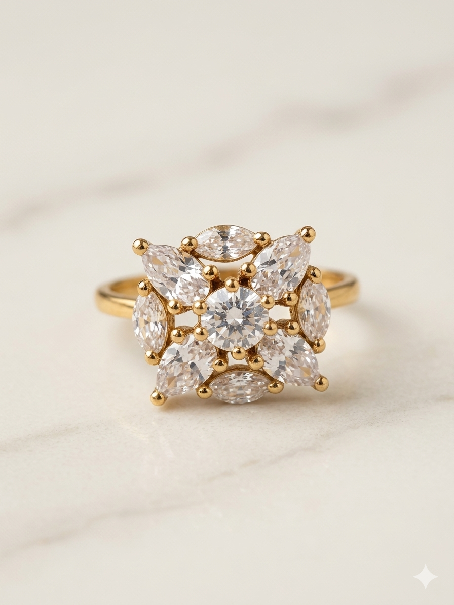 Dainty Sparkle Floral AD Adjustable Ring in Silver Finish