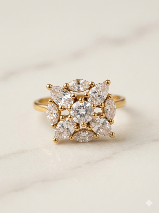 Dainty Sparkle Floral AD Adjustable Ring in Silver Finish