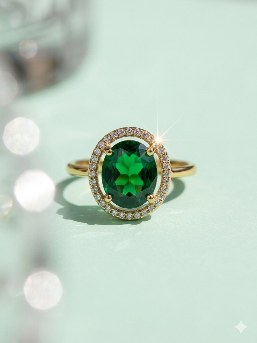 Royal Emerald-Green Oval Halo AD Ring in Gold Finish